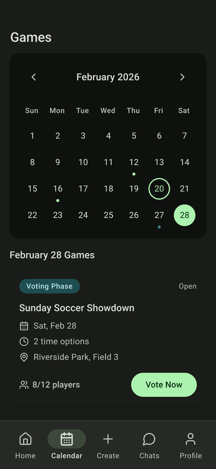 Calendar tab showing February 2026 with dots on game days and the games for February 28