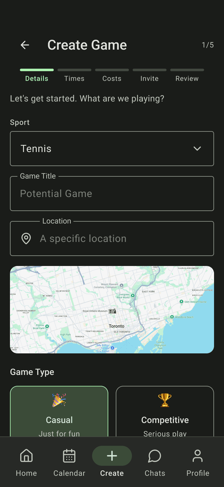 Create tab opening the Create Game wizard at step 1, Details