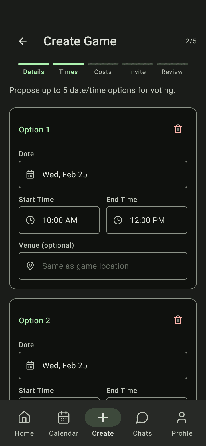 Wizard step 2 of 5: two date and time option cards and Add another time