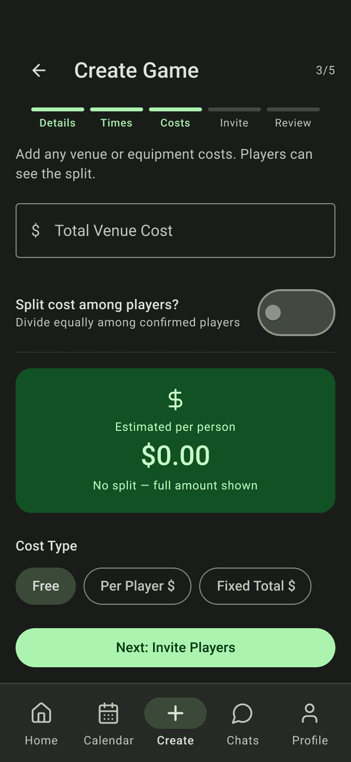 Wizard step 3 of 5: total venue cost, split toggle and estimated per-person cost