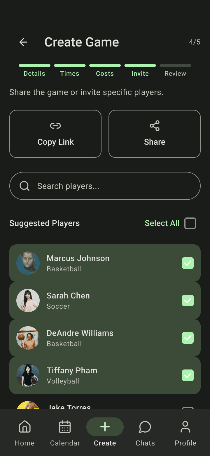 Wizard step 4 of 5: copy link, share, and suggested players with four selected