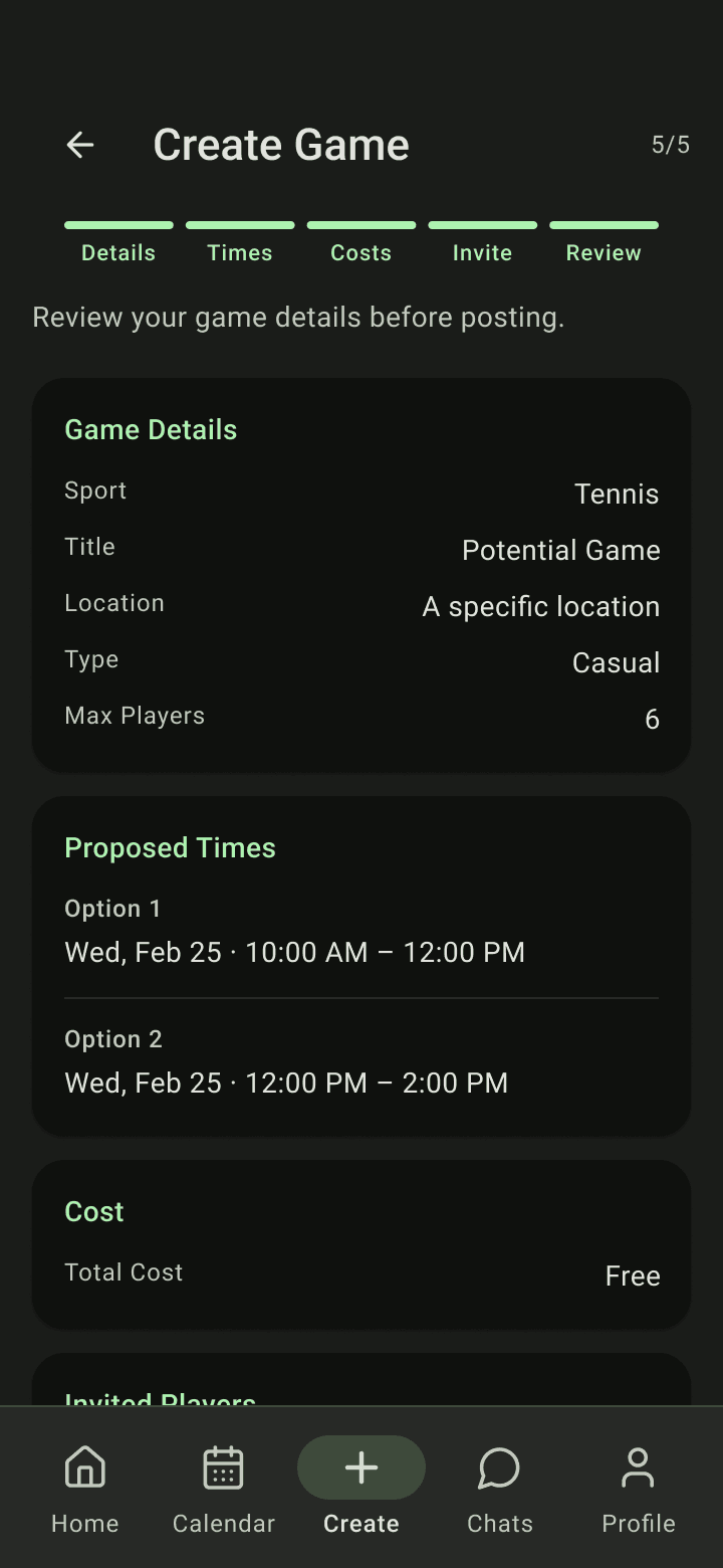 Wizard step 5 of 5: summary of game details, proposed times, cost and invited players