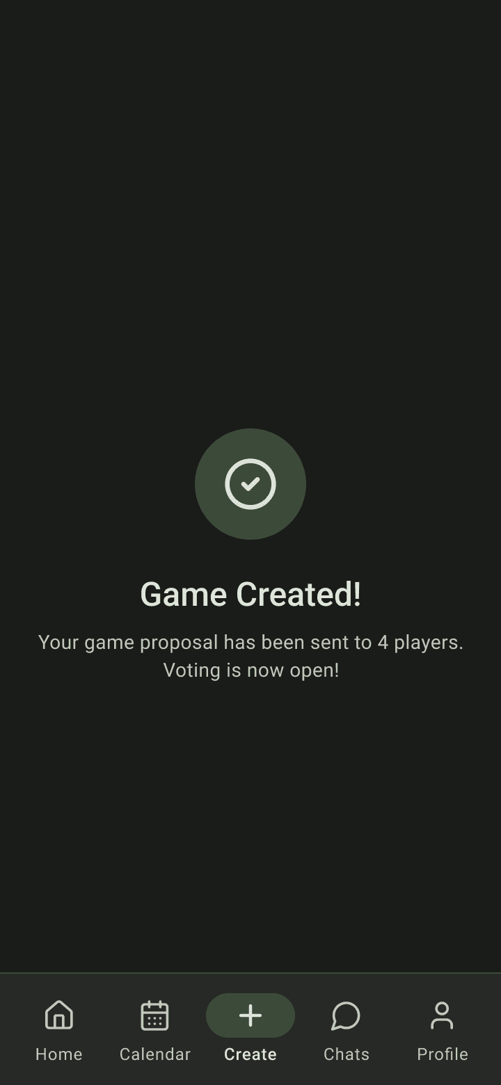 Game Created confirmation: proposal sent to 4 players, voting is now open