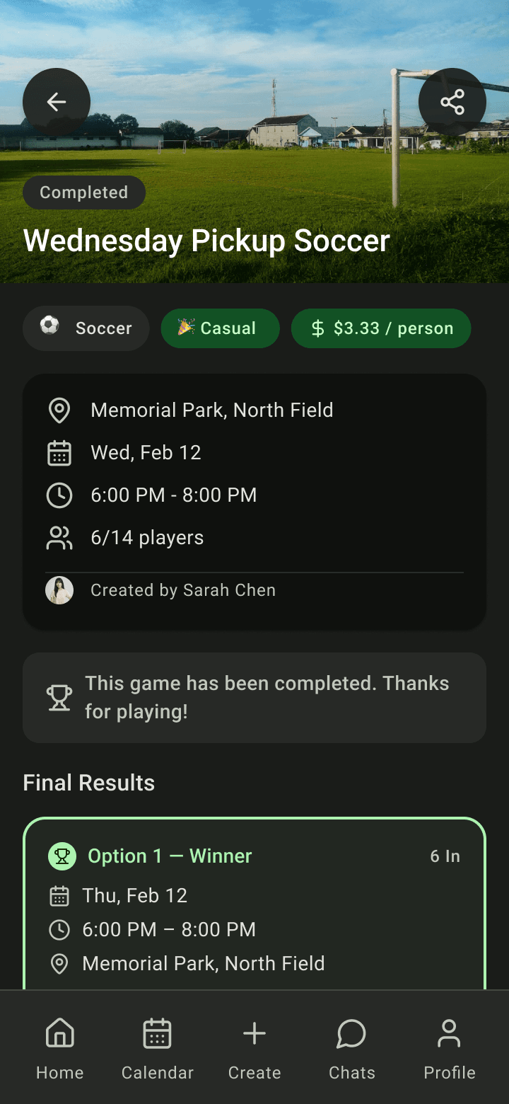 Game Page for a completed game with a Completed badge and final results