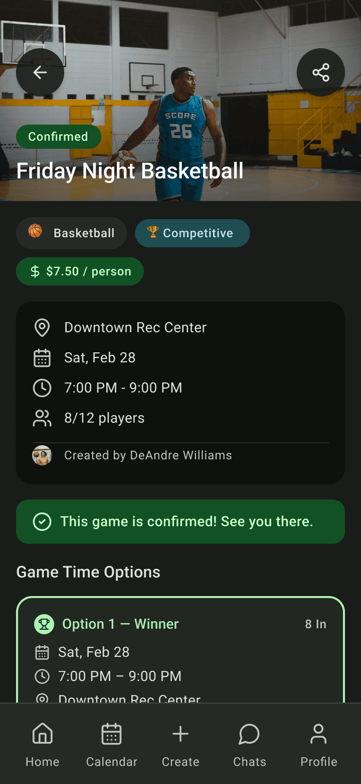 Game Page for a confirmed game with a Confirmed badge and the winning option highlighted