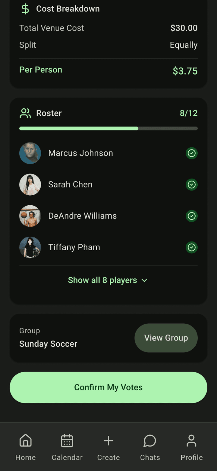 Bottom of the Game Page: cost breakdown, roster at 8 of 12, and the Confirm My Votes button
