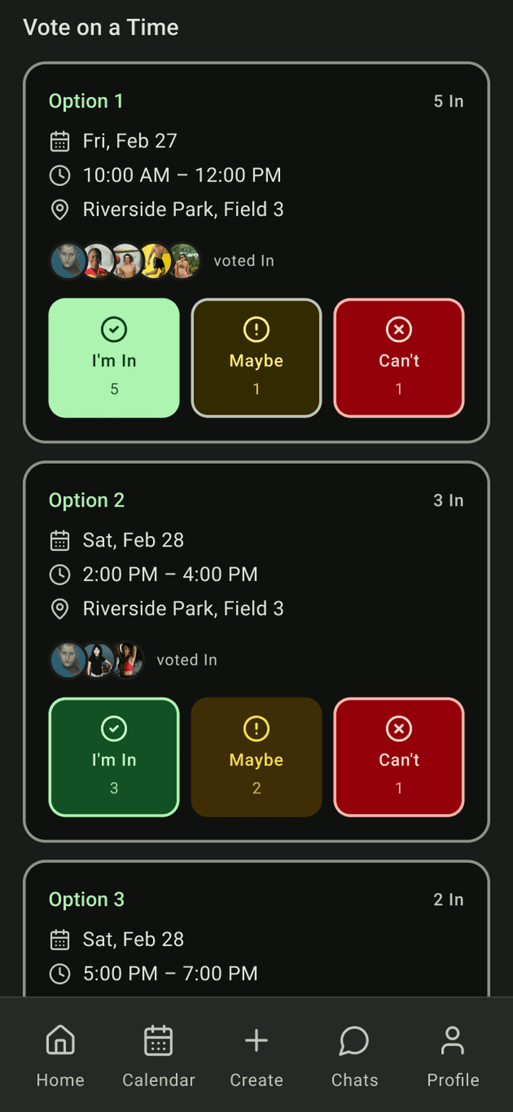 Vote on a Time: three option cards, each with I'm In, Maybe and Can't buttons and vote counts, ranked by In votes