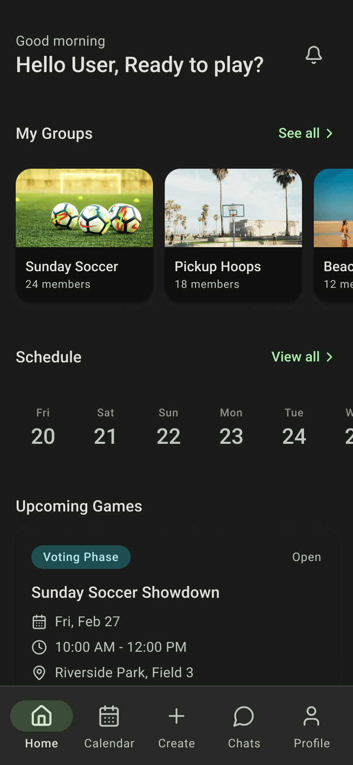 Home tab with My Groups, the week's schedule and upcoming game cards