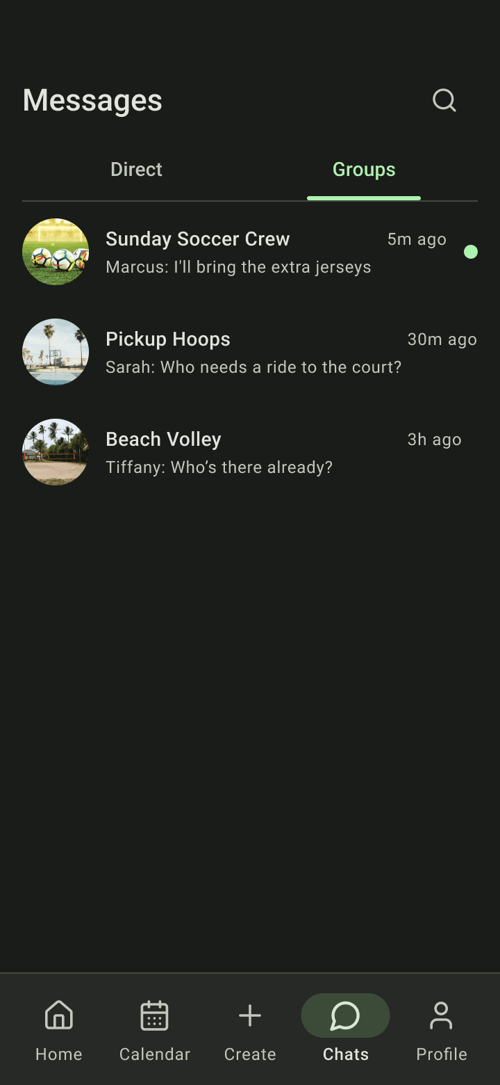 Messages tab on the Groups view with three group chats