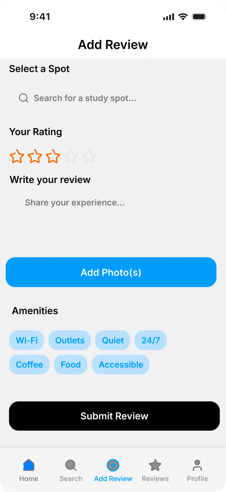 Course Add Review screen: select a spot, star rating, written review, Add Photo(s), amenity chips, Submit Review
