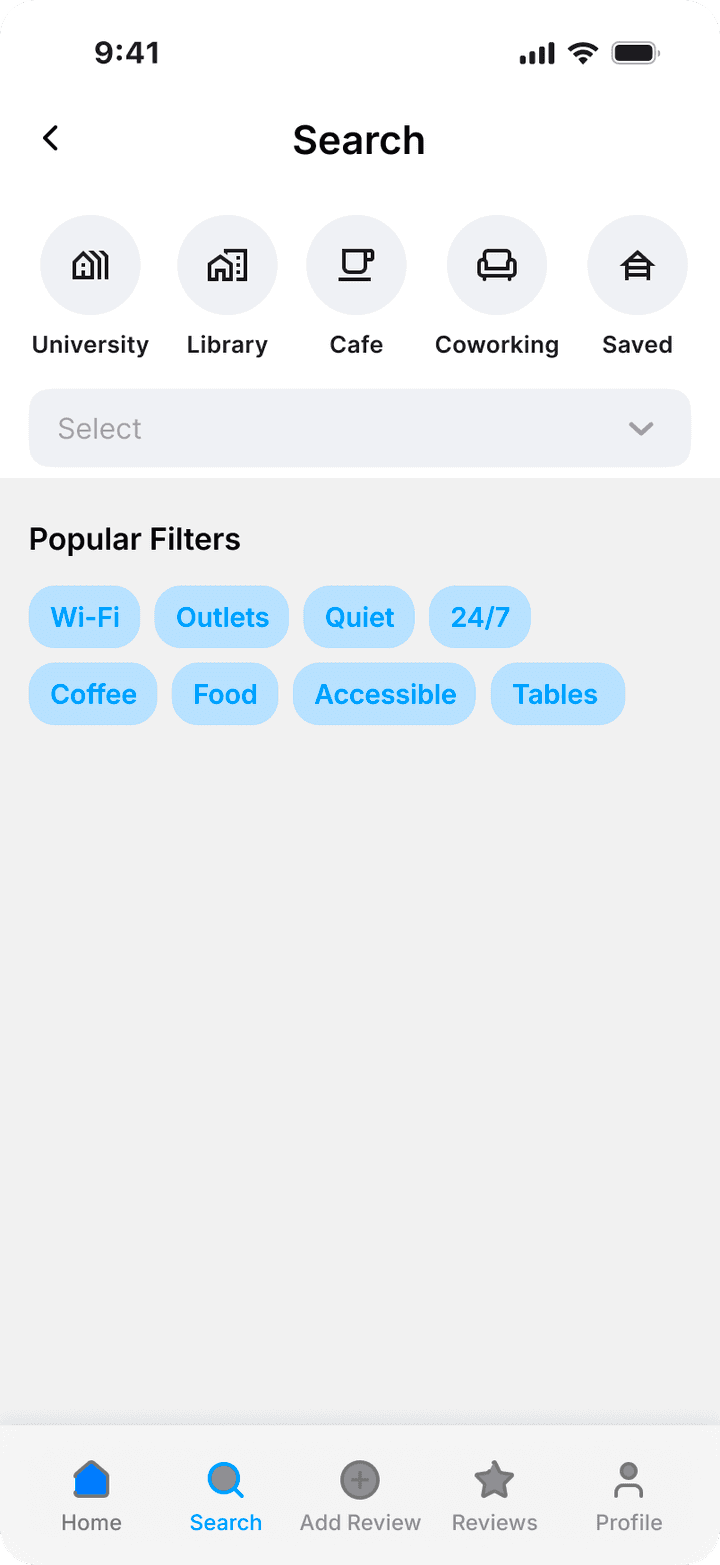 Course Filters screen with categories, a select menu and popular filter chips