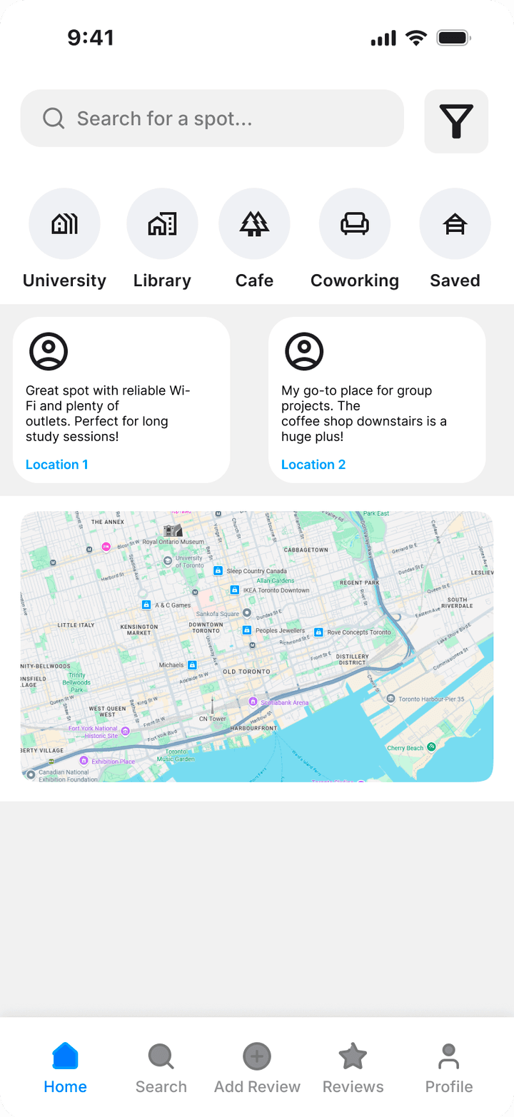 Course Home screen: search bar, category shortcuts, two recent reviews and a map of downtown Toronto