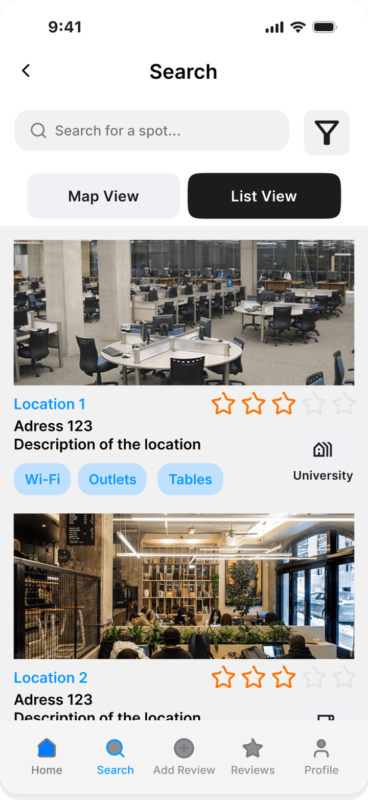 Course List View with two study spot cards showing photo, rating, amenity chips and category