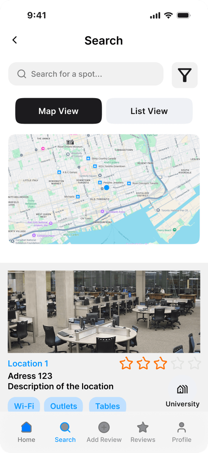 Course Map View with a map of downtown Toronto above a study spot card
