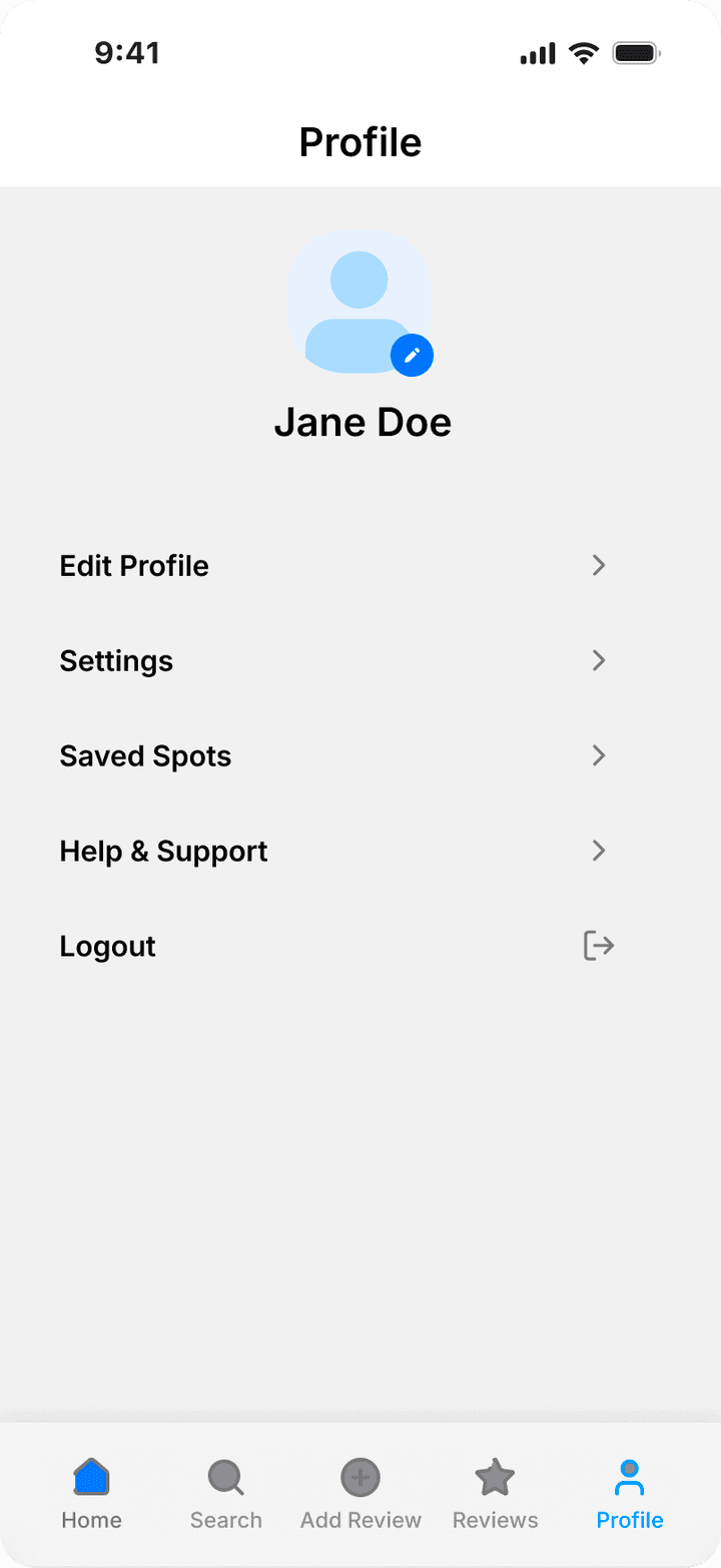 Course Profile screen with Edit Profile, Settings, Saved Spots, Help and Support, and Logout