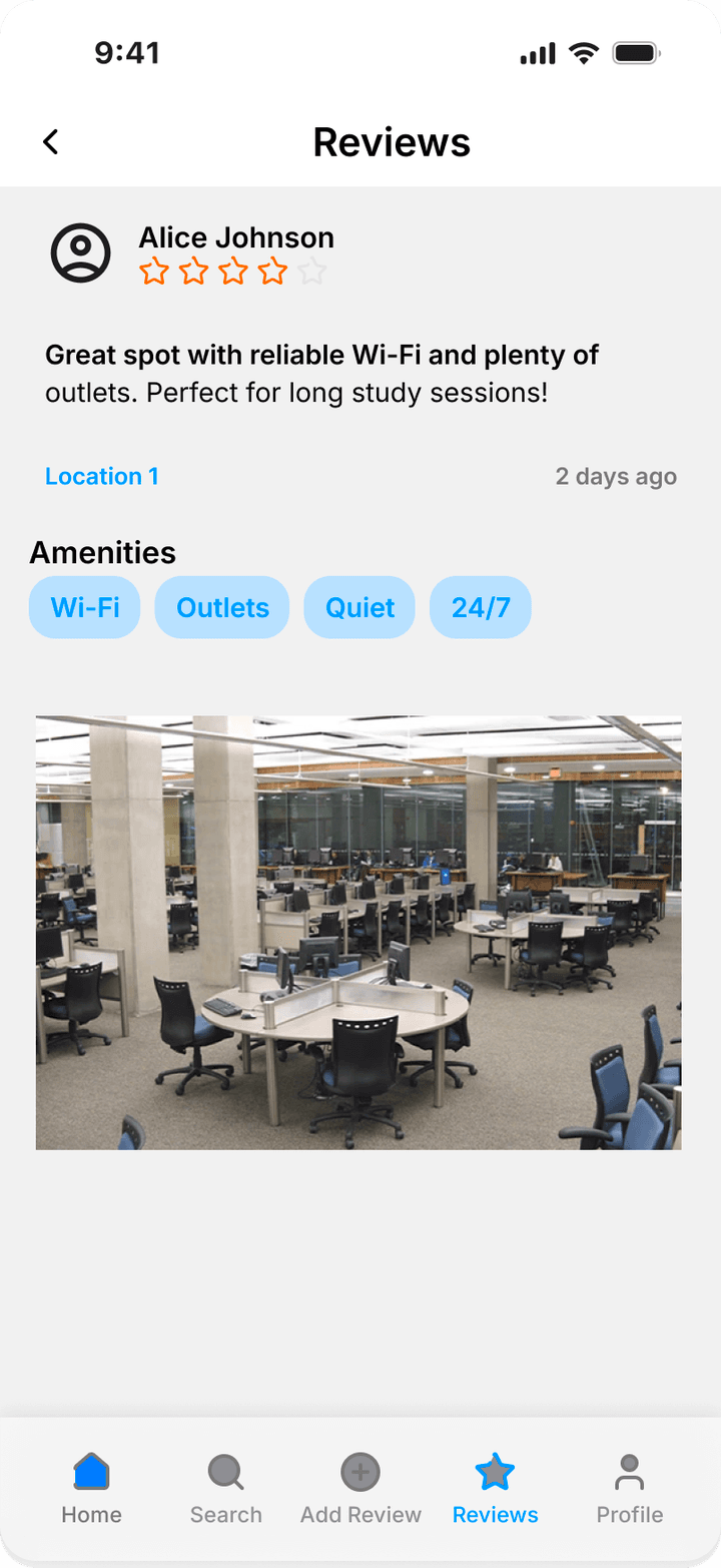 Course full review page with amenities and a photo of the study space