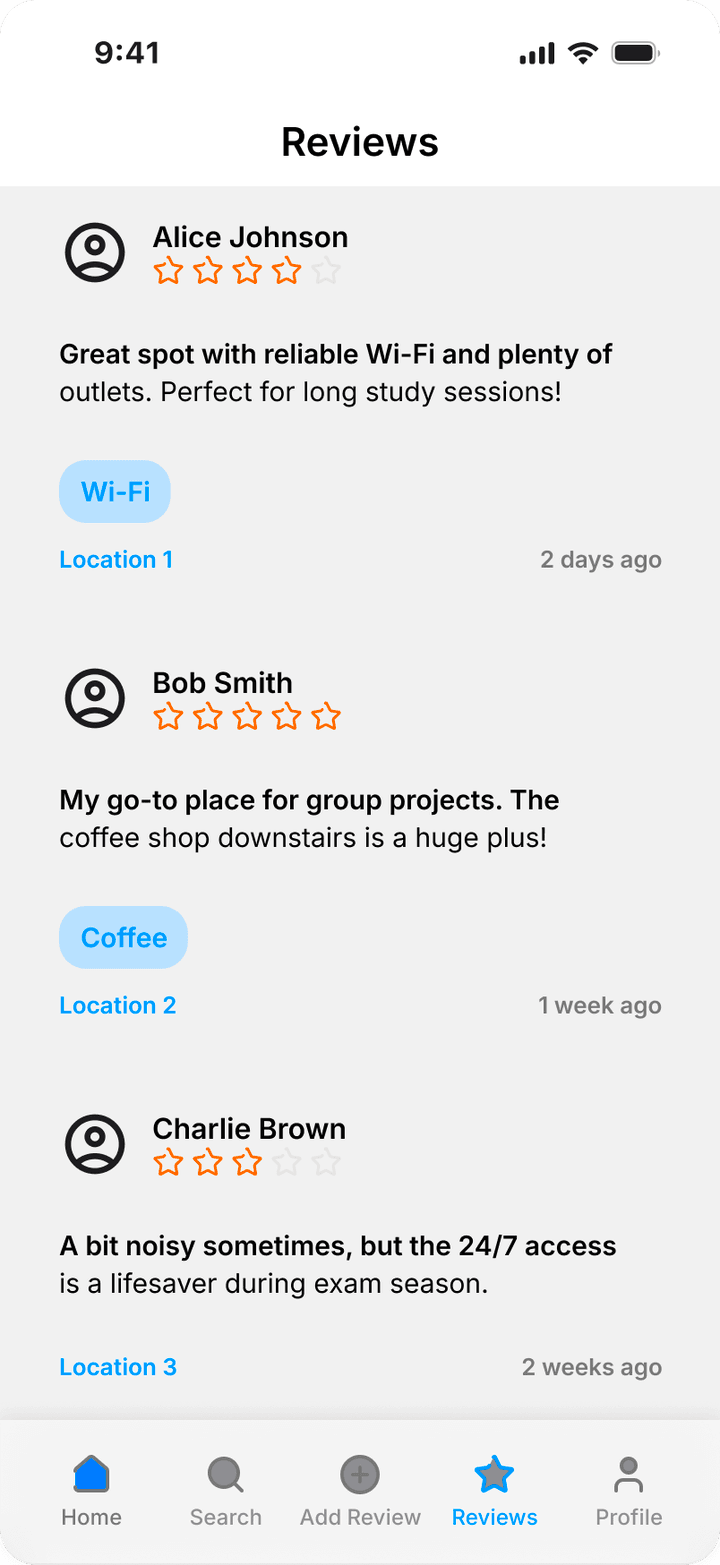 Course Reviews tab with three student reviews, each tagged with an amenity and a location