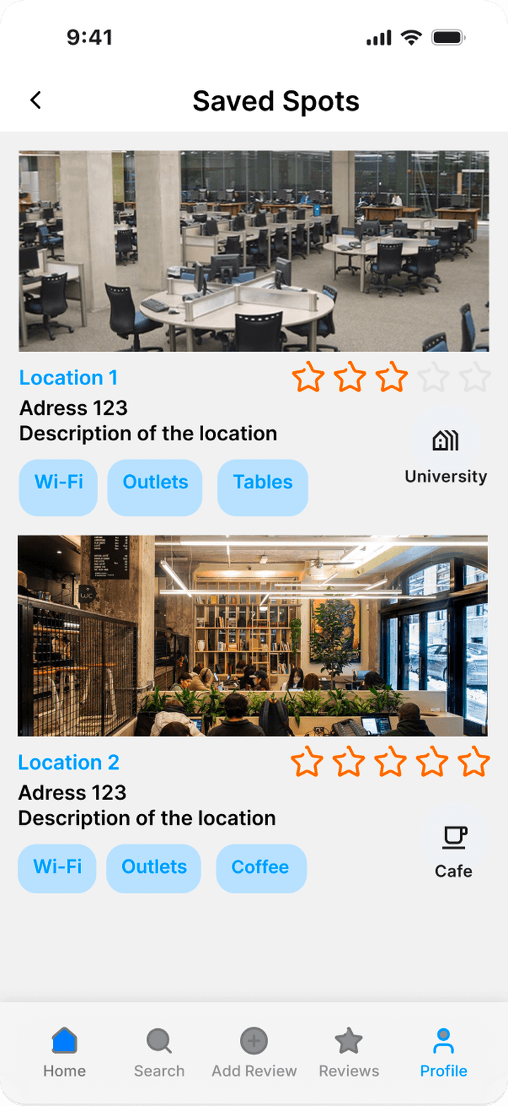 Course Saved Spots screen with two bookmarked study spots