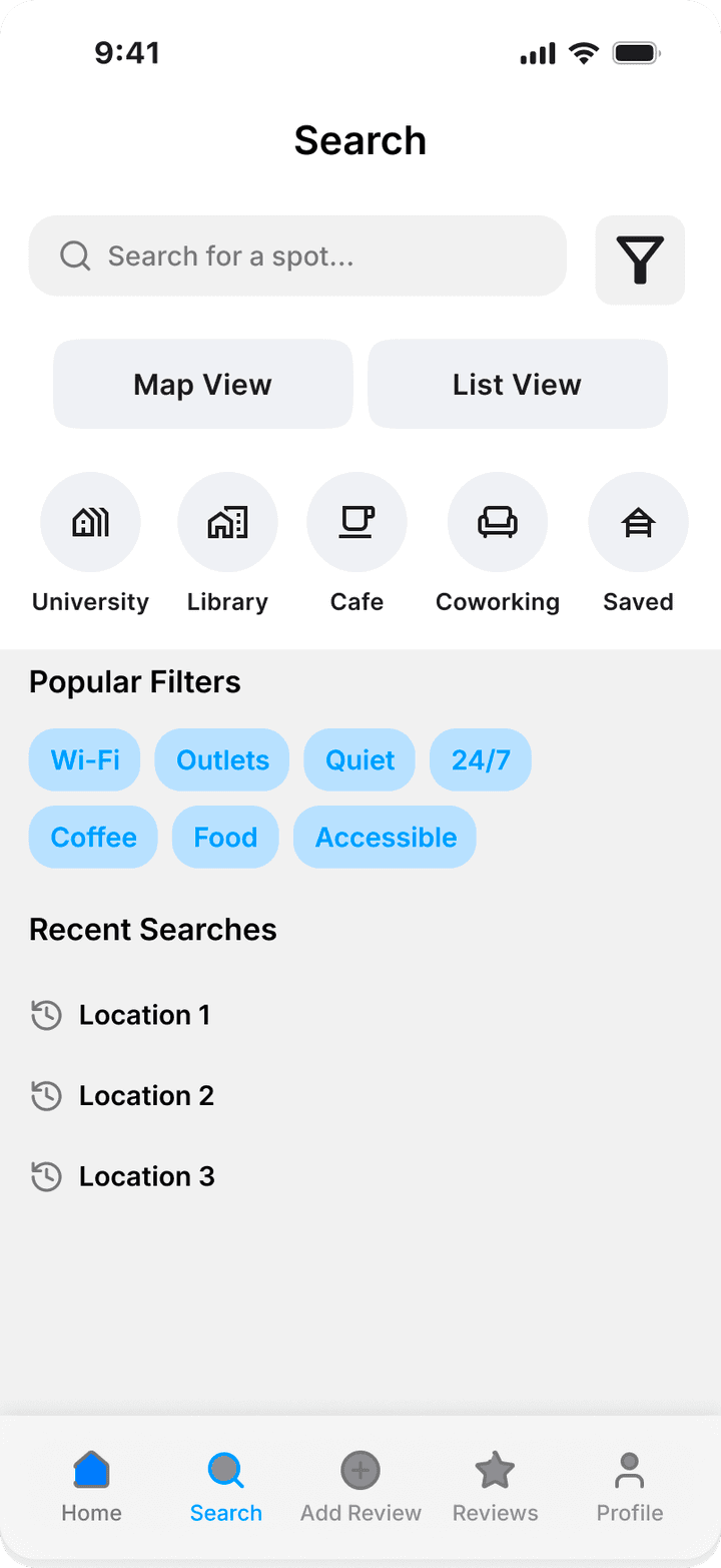 Course Search screen with Map View and List View toggles, categories, popular filter chips and recent searches