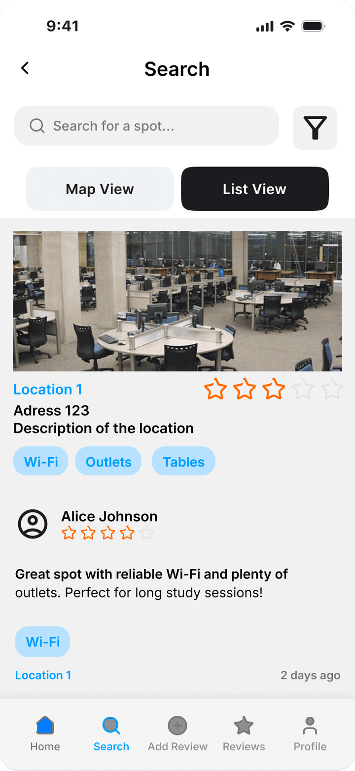 Course spot listing with photo, rating, amenities and a student review