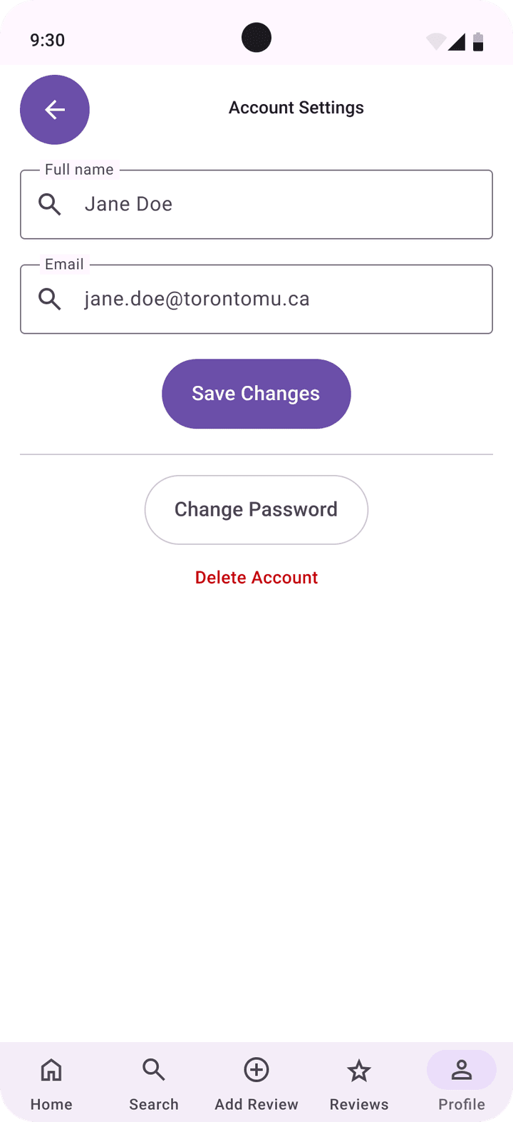 Material 3 Account Settings with name, email, Change Password and Delete Account