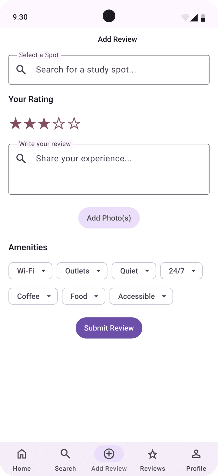 Add Review screen from the Material 3 redesign using outlined text fields and filter chips