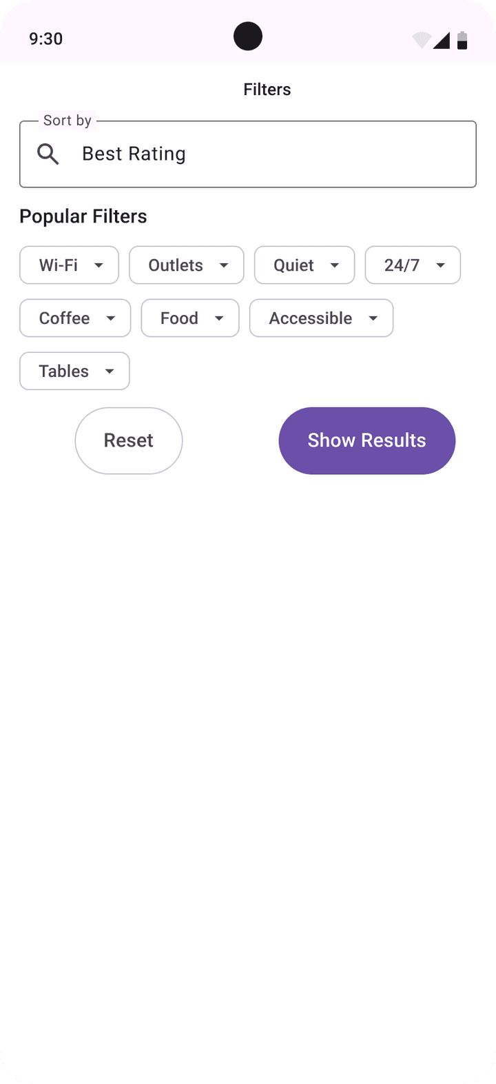 Material 3 Filters screen with Sort by Best Rating, filter chips, Reset and Show Results