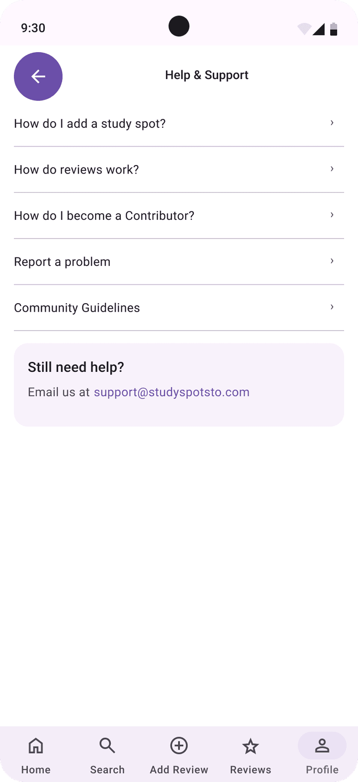 Material 3 Help and Support FAQ list with a support email