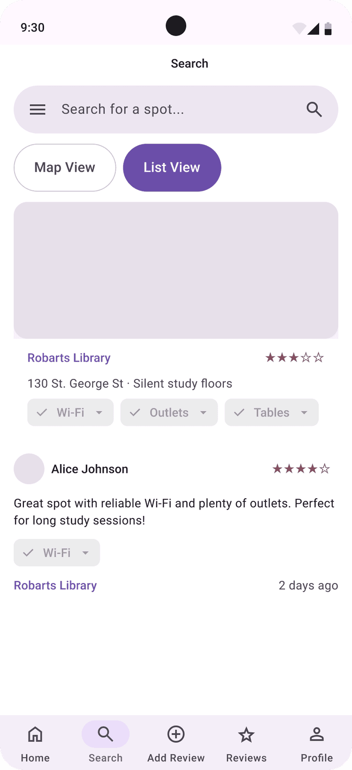 Material 3 location preview for Robarts Library with a student review