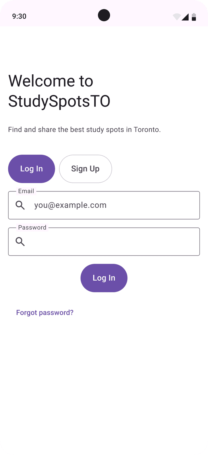 Material 3 login screen: Welcome to StudySpotsTO with Log In and Sign Up