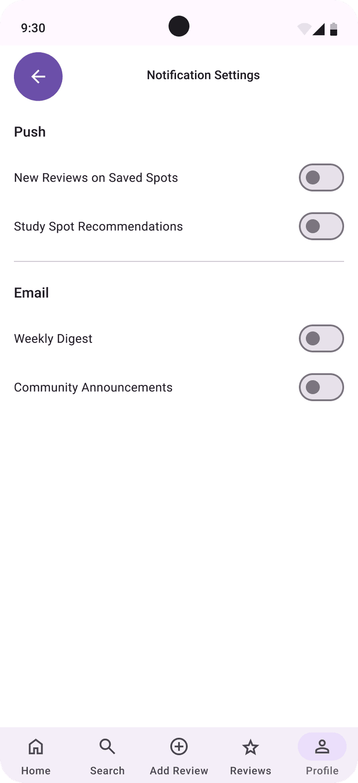 Material 3 Notification Settings with push and email toggles