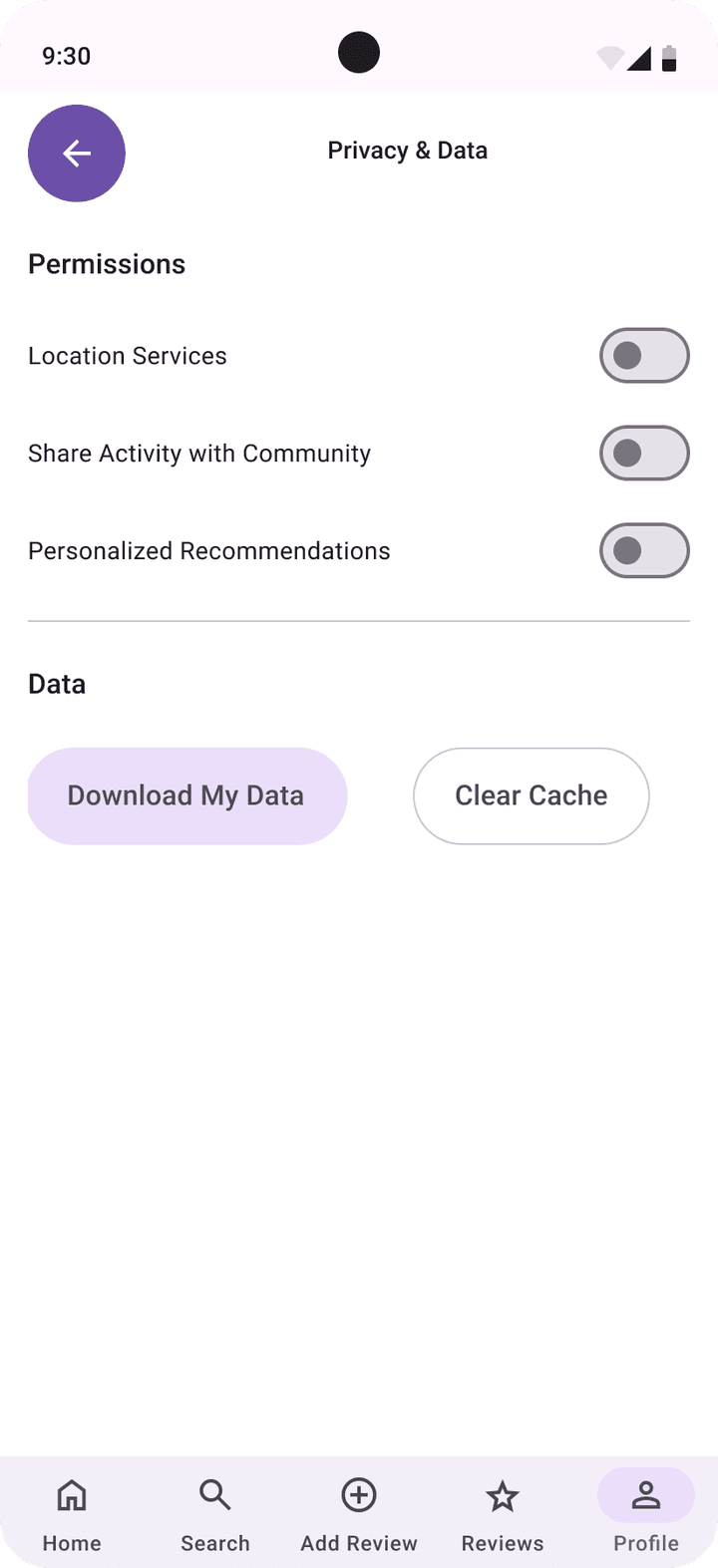 Material 3 Privacy and Data with permission toggles, Download My Data and Clear Cache