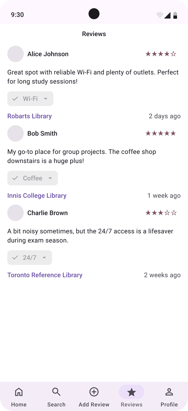 Material 3 Reviews tab, each review linked to its venue