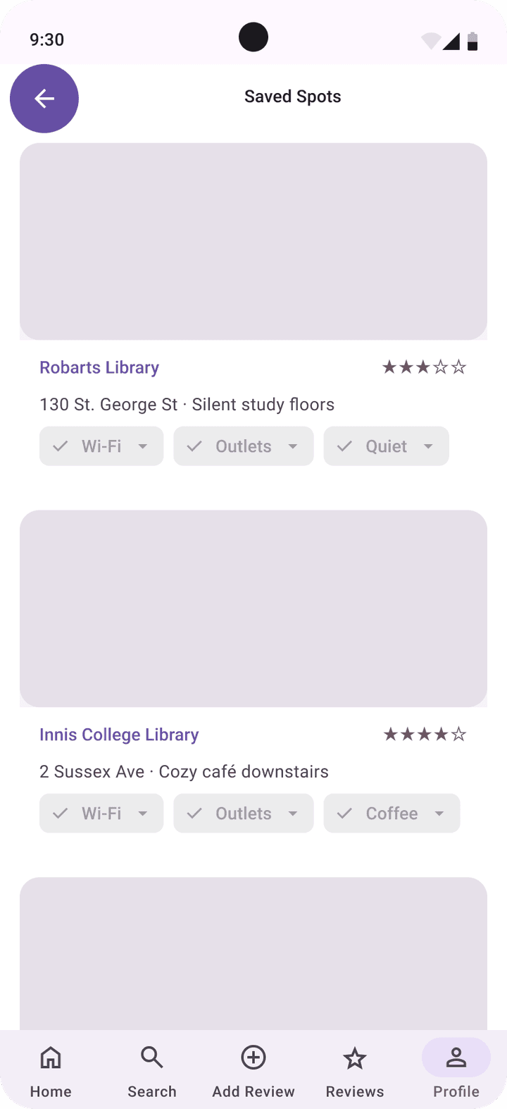 Material 3 Saved Spots with three bookmarked venues
