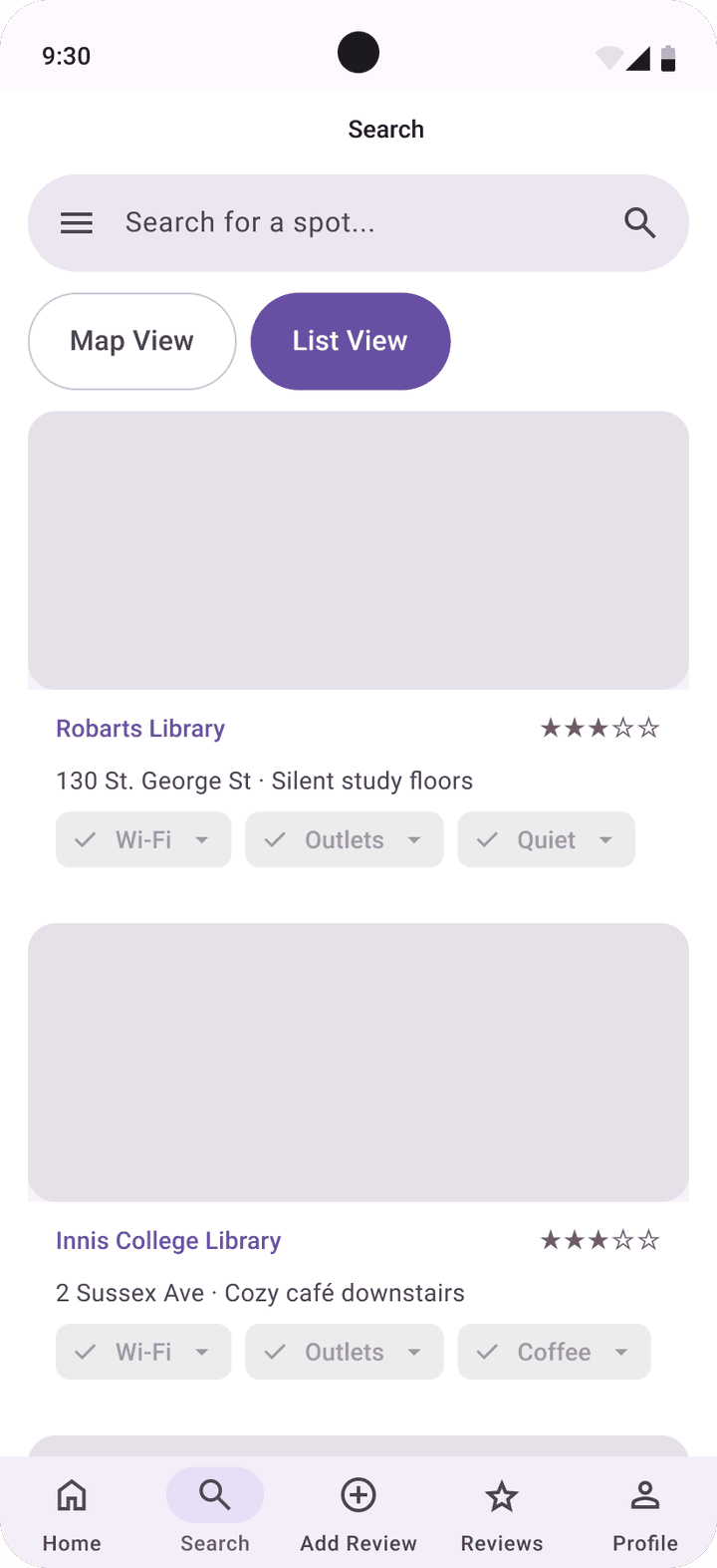 List View search results from the Material 3 redesign, with Robarts Library, Innis College Library and Toronto Reference Library