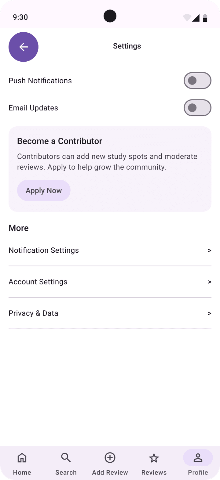 Material 3 Settings with notification toggles and a Become a Contributor card